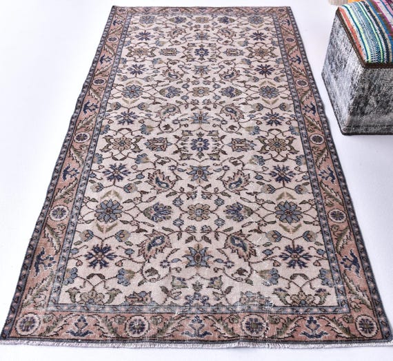 4x7 Antique Style Accent Rug, 4x7 Ivory Blue All Over Floral Design, 4x7 Small Area Carpet, 4x7 Vintage Home Decor,  Turkish Oushak Rug