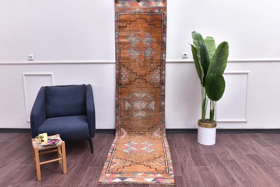 2x10 Hand Woven Faded Vintage Runner Rug, Burnt Orange Color, Geometric Pattern, Hallway Rug, Farmhouse Decor