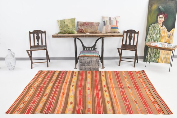 5x8 Area Rug, 5x8 Pale Red Striped Kilim Rug, 5x8 Kilim Rug, Aesthetic Handmade Kilim, 5x8 Rug, Striped Modern Styles, Rug For Bedroom, Gift