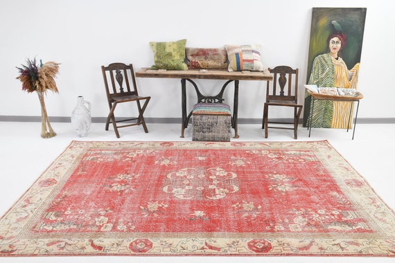 7x10 Area Rug, 55s Antique Vintage, 7x10 OVERSIZE TURKISH VINTAGE Rug, 7x10, Oversize Vintage Rug, Large Area Rug, 7x10 Rugs, Pale Red Rugs