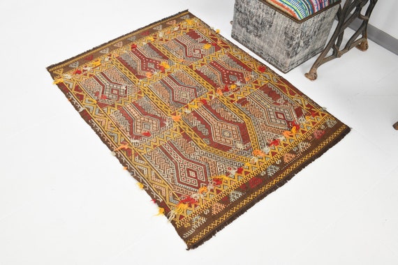 3x4 Turkish Vintage Wool Rug Distressed Area Rug 3x4 Area Rug Floral Vintage Rug 3x4 Red Turkish Rug Shabby Chic Rug Turkey Rug 3.5x4.5 Ft