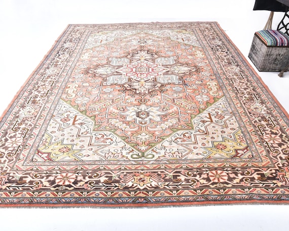 10x13 Peach Red and Brown Persian Rug, Oversize Persian Rug Large Area Rug 10x13 Rug Wool Handmade Persian Rug Persian Rug 10x13 Antique 57s