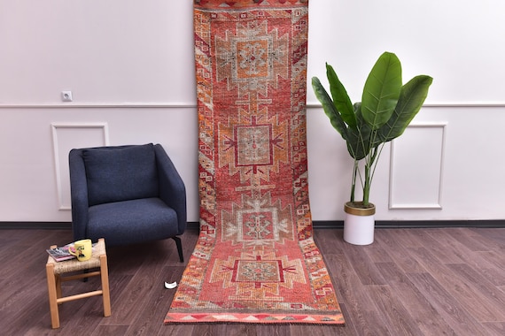 3x10 Vintage Handmade Peach Runner Rug, Soft Wool Rug, Hallway Kitchen Runner Rug, Peach Gray Color
