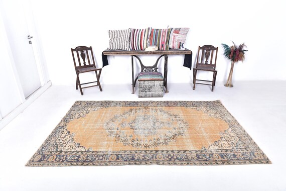5x8 Vintage Rug, 5x8 Navy Blue & Orange Vintage Rug 5x8 Oushak Handmade Rug 5x8 Rug Rustic Home Decor 5x8 Turkish Rug 5x8 Rugs For Bedroom