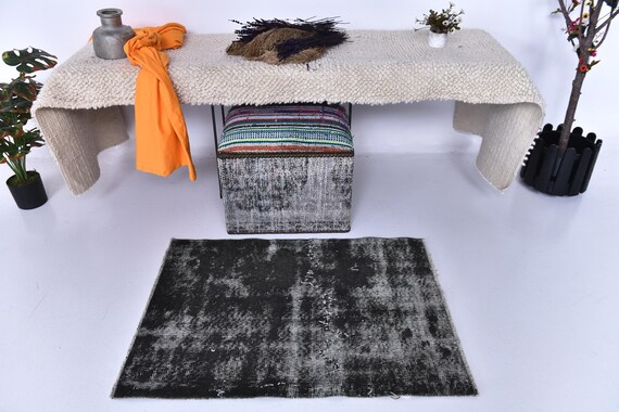 2x3 Accent Rug, Black Gray Tones Rug, Washable Rug, 2x3 Accent Rug, Doormat Rug, 2x3 Bath Mat, Turkish Wool Rug, Distressed Doormat Rug