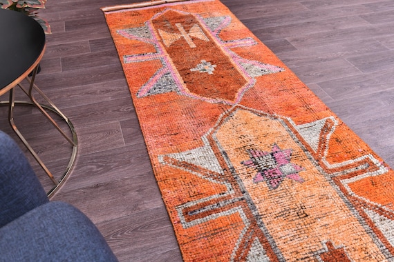 3x11 Vintage Runner Rug, Red Orange Cream brightly Color, Handmade Wool Rug, 3x11 Hallway Kithcen Rug, Soft Wool Rug 3x11 Traditional Runner