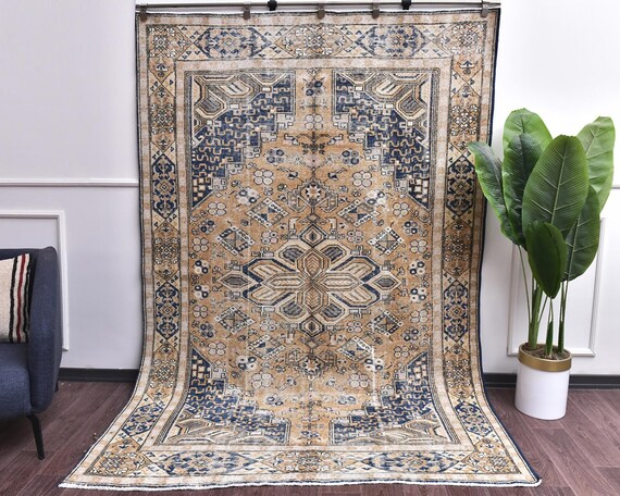 6x9 Vintage Oriental Handmade Geometric Rug, Copper Blue Color