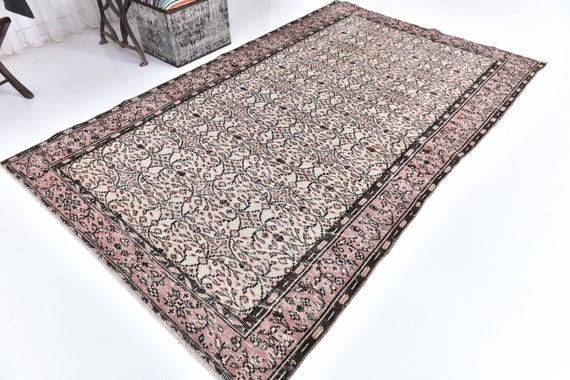 5x9 Turkish Wool Rug: Vintage Floral Farmhouse Decor, Brown Color, Living Room Rug
