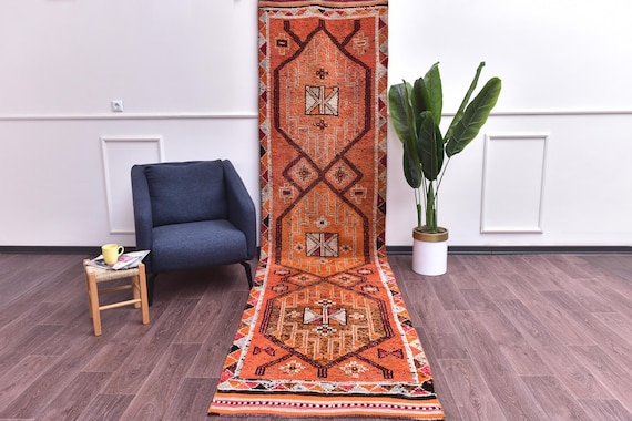 3x12 Red and Orange Herki Runner Rug, 3x12 Herki Runner, 3x12 Rug, Long Handmade Wool Rug, 3x12 Runner Rug, 3x12 Vintage Runner, Antique 57s