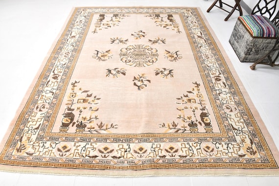 7x9 Turkish Floral Medallion Rug, Vintage Area Rug, 7x9 Handmade Wool Rug, Living Room Rug, 7x9 Turkish Area Rug, Beige Gold Brown Color Rug