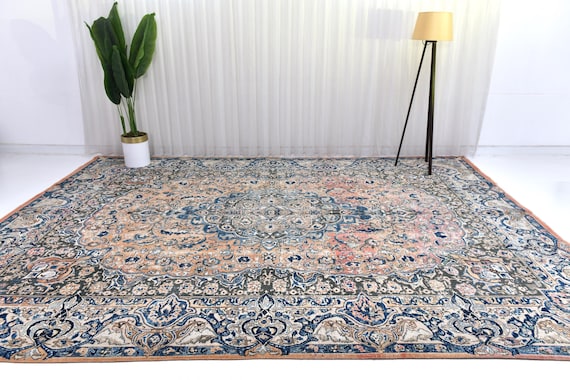 9x13 Unique Persian Area Rug, Blue, Peach Color Rug, 9x13 Luxury Rug, Large Area Rug, 9x13 Rug, Traditional Rug, Large Decorative Rug