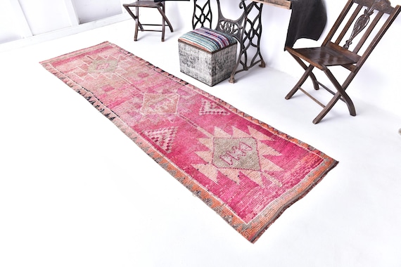 3x10 Antique Runner Rug, Pink Color Rug, Handmade Wool Rug, 3x10 Vintage Runner Rug, Hallway Rug 3x10, Step Rug