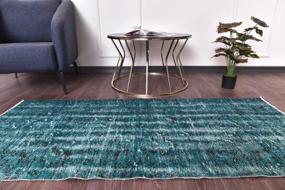 2x6 Vintage Teal Floral Rug, Blue Overdyed Color, 2x6 Handwoven Oriental Runner, 2x6 Hallway Runner, 2x6 Handmade Wool Rug, 2x6 Turkish Rug