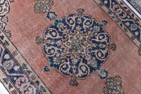 4x7 Vintage Turkish Accent Rug, Peach Blue Color, 4x7 Medallion Style, Handmade Wool Rug, 4x7 Persian Style, Oriental Rug 4x7 Area Rug