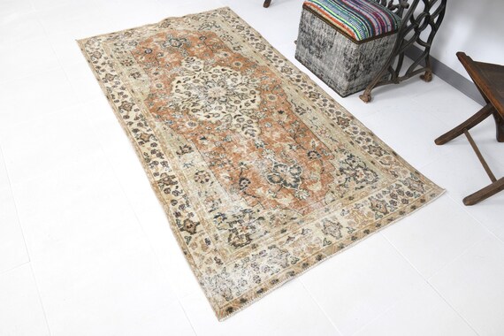 3x7 Runner Rug, 3x7 TURKISH VINTAGE RUNNER Rug, 3x7, Handmade Oushak Rug, Vintage Runner Rug, Pale Short Rug, Turkish Runner, 3x7 Turkey Rug