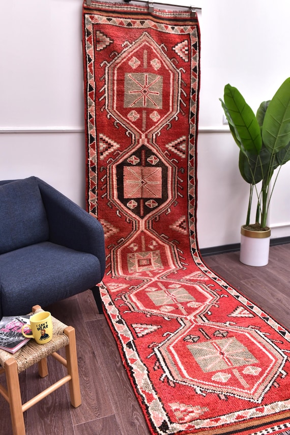 3x11 Handmade Vintage Red Runner Rug, Handmade Soft Wool, Traditional Design, Farmhouse Decor,