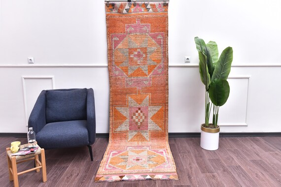 3x10 Vintage Handmade Traditional Stair Runner Rug, Coral Red Orange Color
