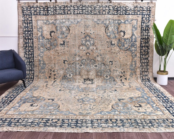 11x13 Antique Distressed Oriental Unique Handmade Wool Large Rug, Navy Blue Cream Color