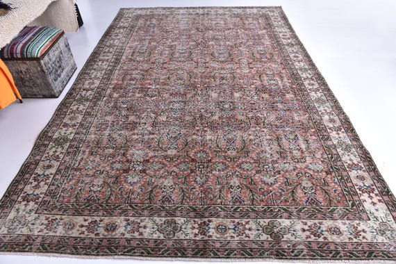 7x10 Antique Vintage Turkish Rug, Red Beige Green Rug, 7x10 Rug Handmade Wool Rug 7x10 Area Rug, 7x10 Turkish Rug For Living Room Bedroom,