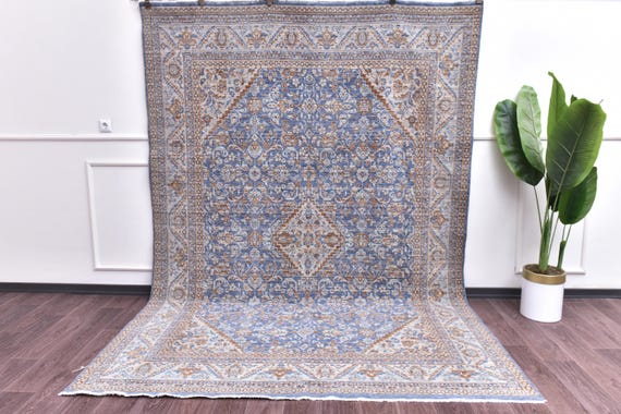 7x10 Turkish Wool Cotton Oriental Large Rug, Handmade, Natural Fiber, Blue Terracotta Color