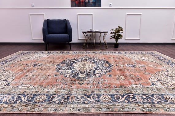 7x11 Vintage Distressed Rug, Peach Blue Rug, 7x11 Floral Area Rug, 7x11 Living Room Rug, 7x11 Faded Distressed Rug, 7x11 Handmade Area Rug