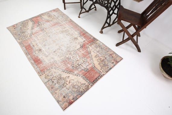 3x6 Distressed Vintage Handmade Turkish Accent Rug, Red Blue Color