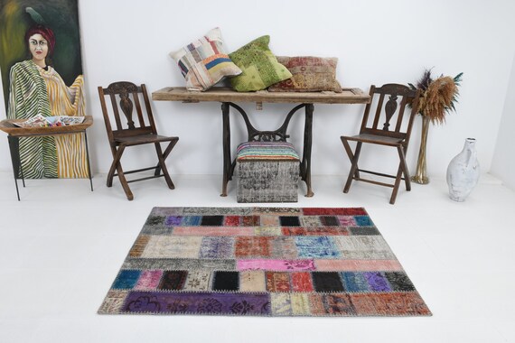 4x5 Area Rug, Vintage Rug, 4x5 SMALL VINTAGE TURKISH Rug, 4x5, Modern Vintage Rug, 4x5 Rugs, Wool Handmade Oushak, Chess Stylesh, Antique