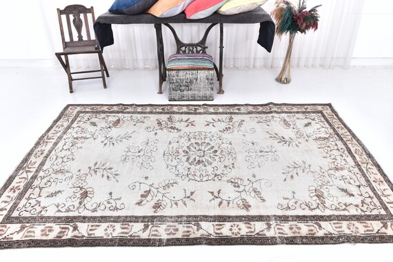 5x9 Floral Area Rug, Vintage Turkish Tapestry, Beige Brown Color Rug, Handmade Wool Rug, Distressed Rug 5x9, Living Room Rug,