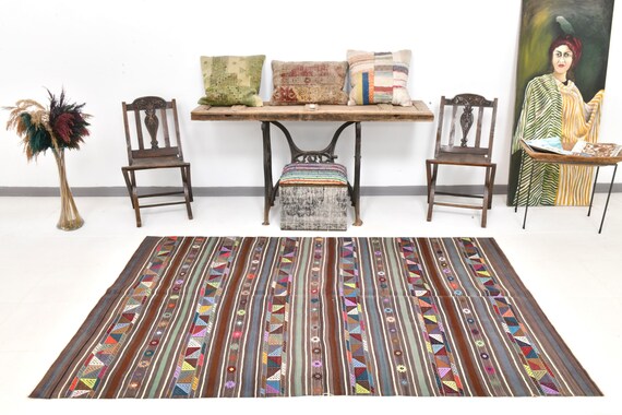 5x8 Area Rug, 5x8 Soft Kilim, 5x8 Burgundy & Blue Vintage Kilim, 5x8 Kilim Rug, Wool Hand Woven Rug, 5x8 Rug, Soft Pastel Bohemian, Gift Rug