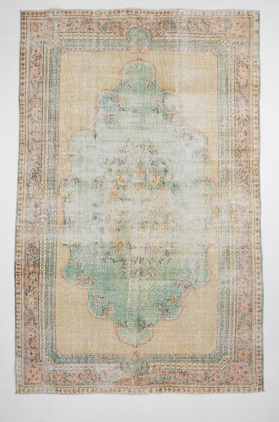 6x10 Area Rug, 6x10 Vintage Rug, 6x10 DISTRESSED TURKİSH VINTAGE Rug, 6x10, Handmade Oushak Rug, Shades Of Fern Green Tones, Anatolian 60s