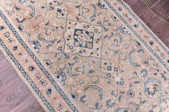 4x13 Antique Persian Heriz Runner Rug, Salmon Cream Color, 4x13 Handmade Persian Heriz, 4x13 Runner Rug, 4x13 Heriz Runner For Hallway