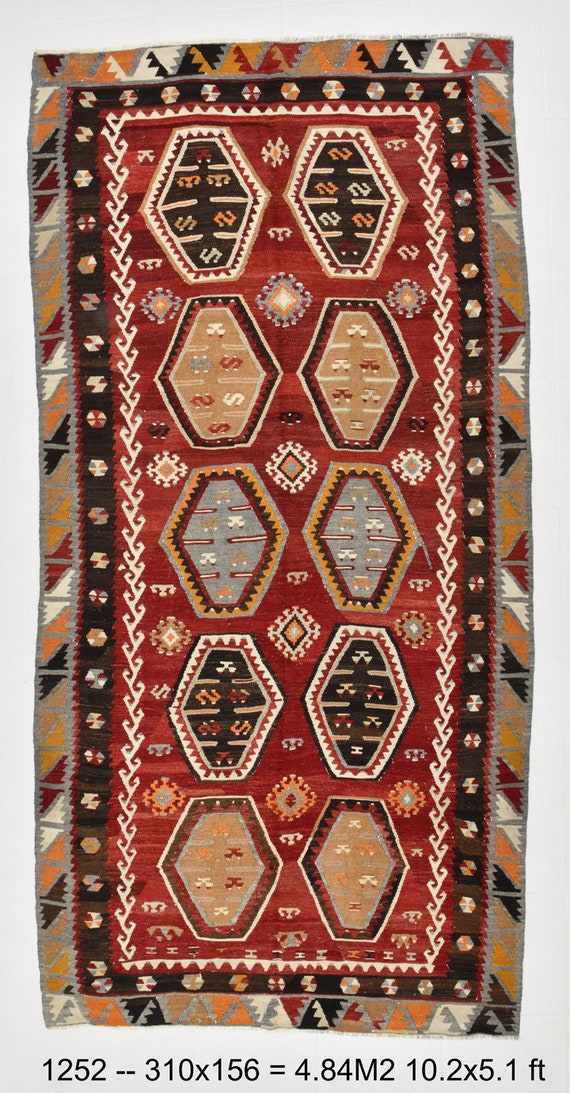 5x10 Rugs, Earth Persian, 5x10 VINTAGE PERSIAN KILIM Rug, 5x10 Area Rug, Wool Handmade Kilim, Geometric Ikat Kilim, Rugs For Wide Hallway