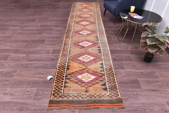 3x13 Vintage Wool Runner Rug, Copper Black Red Color, Hallway Kithcen Rug, Handmade Soft Wool-Turkish