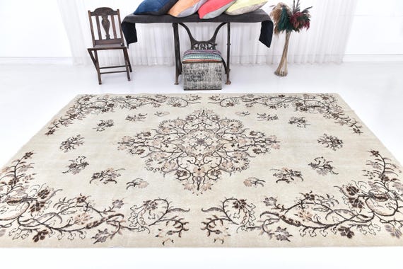 Antique Vintage Turkish Rug, 7x10 Gray & Bronze Oversized Rug, Mid-Century Style Rug, 7x10 Extra Large Area Rug, Wool Handmade Oushak Rug,