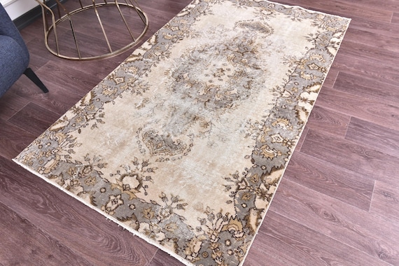 4x6 Vintage Turkish Small Rug, Cream Blue Color, 4x6 Medallion Style, Handmade Wool Rug, Oriental Rug,  4x6 Rugs, Handmade Wool Rugs