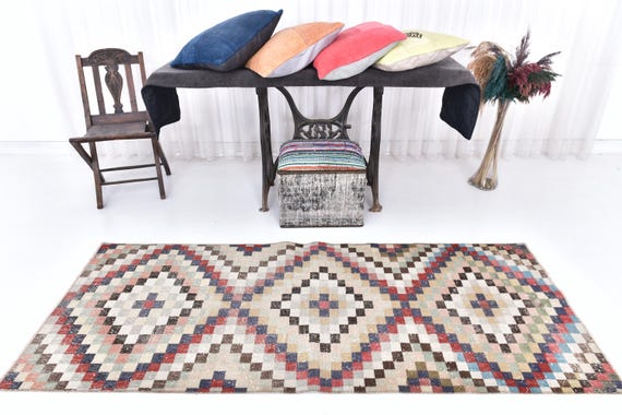 Antique Vintage Turkish Rug, 3x7 Multicolored Geometric Tribal Runner Rug, 3x7 Handmade Soft Wool Runner Rug, 3x7 Bohemian Decor Runner Rug,