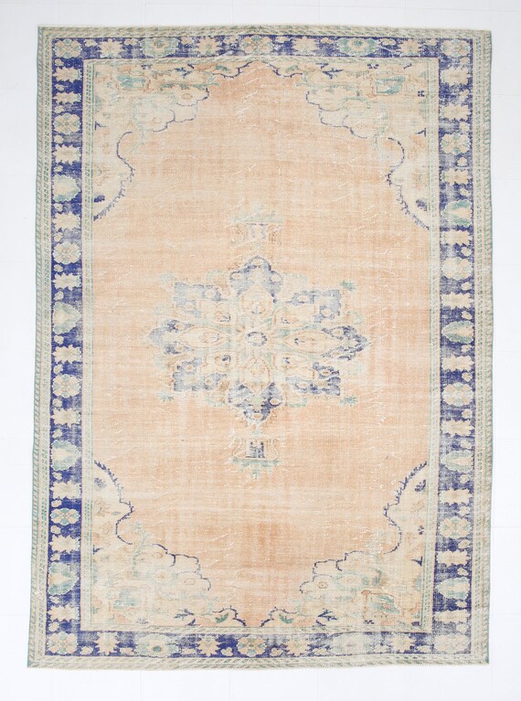 7x9 Area Rug, 7x9 Vintage Rug, 7x9 ORIENTAL TURKISH VINTAGE Rug, 7x9, Wool Handmade Oushak, 7x9 Rugs, Blue & Tan Beige Vintage Rug, Antique