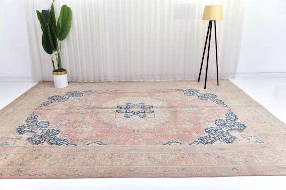 9x12 Unique Area Rug, Blue Salmon, Beige Color Rug, 9x12 Persian Rug, Large Area Rug, 9x12 Rug, Traditional Rug, Large Decorative Rug 9x12