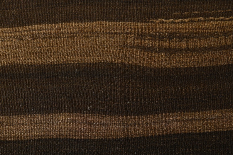 May include: Close-up of a woven fabric with brown and dark brown horizontal stripes.