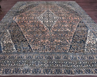 10x13 Antique Unique Area Rug, Salmon Navy Blue White Color, 10x13 Handwoven Area Rug, 10x13 Oriental Rug, 10x13 One of a Kind, 10x13 Rug