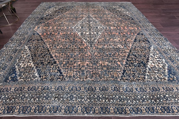 10x13 Antique Unique Area Rug, Salmon Navy Blue White Color, 10x13 Handwoven Area Rug, 10x13 Oriental Rug, 10x13 One of a Kind, 10x13 Rug
