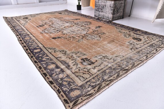 5x8 Vintage Distressed Area Rug, 5x8 Muted Orange Blue Color, 5x8 Living Room Decor, 5x8 Neutral Rug, 5x8 Area Rug, Handmade Wool Rug