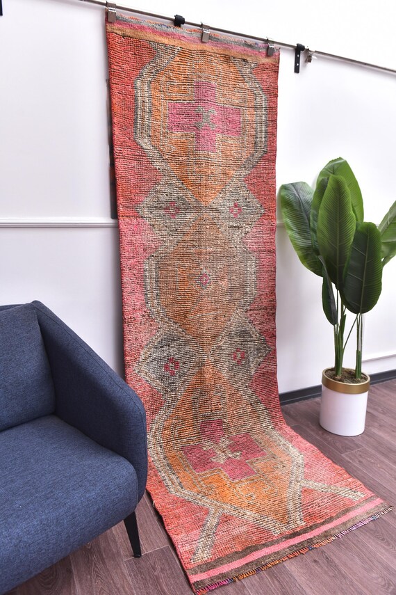 3x9 Vintage Peach Faded Runner Rug, Hallway Kithcen Runner, Traditional Pattern, Soft Wool, Doorway Rug