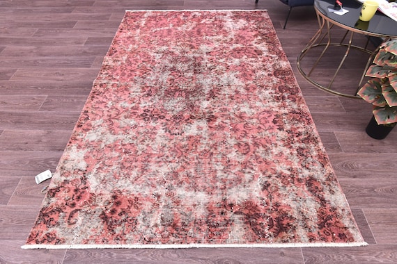 5x8 Vintage Turkish Faded Rug, Ombre Design, Handmade Wool, Salmon Brown Color, Distressed Rug