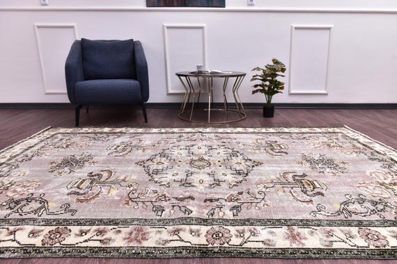 6x9 Vintage Faded Area Rug, 6x9 Green Purple Color, 6x9 Medallion Pattern, Turkish Style Large Living Room Rug, 6x9 Distressed Rug, 6x9 Rug