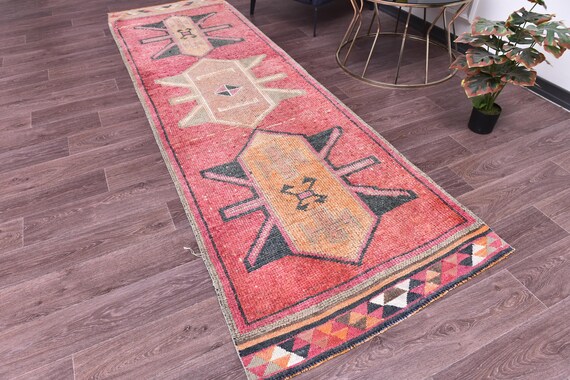 3x10 Vintage Soft Runnner Rug, 3x10 Handmade Wool, 3x10 Red Gray Color 3x10 Hallway Runner Rug, 3x10 Kithcen Runner Rug, Tribal Rug