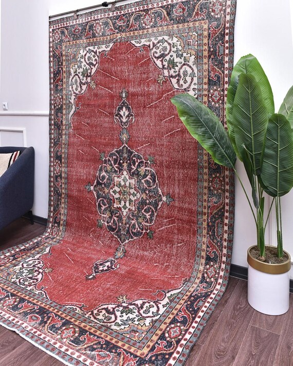 6x10 Faded Vintage Oriental Area Rug, Handmade Wool, Pale Red Blue Color, Outlet Rug