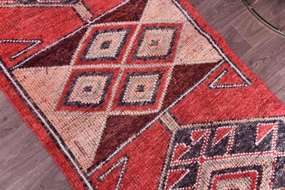 3x10 Vintage Tribal Runner Rug, Coral Red Black Color, Handmade Soft Wool Rug, Hallway Runner Rug