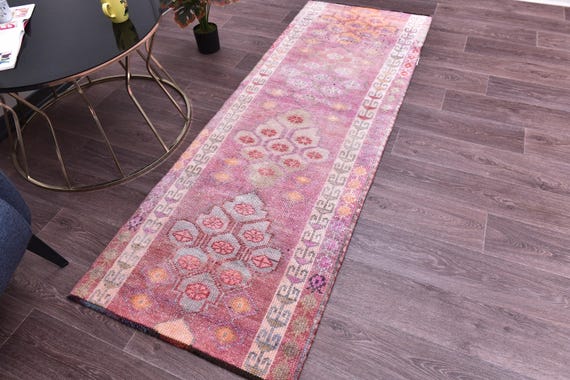 2x7 Vintage Runner Rug, Pink Red Color, Handmade Runner Rug, 2x7 Turkish Runner, 2x7 Area Rug, Hallway Rug, 2x7 Medallion Style Rug
