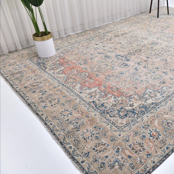 9x13 Distressed Persian Style Area Rug, 9x13 Blush Pink Blue Oriental Rug, 9x13 Living Room Decor, 9x13 Oversize Rug, Handmade Wool Rug,